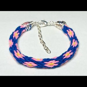 Handmade Kumihimo Bracelet Blue Pink And Yellow Flower Design Silver End Caps